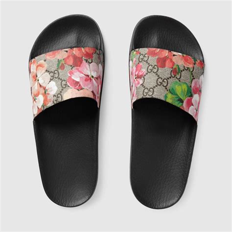 blue floral gucci slides|Gucci flip flops with flowers.